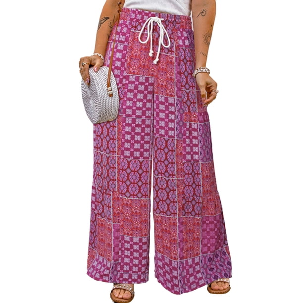 Pantalones Mujer Pantalones casuales con estampado floral Pantalones de pierna ancha con cordón Suave para el trabajo (Púrpura S) Cgtredaw Para estrenar