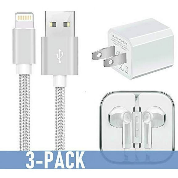 Portable 5W / 1A Power Adapter with 6 Feet / 2 Meter Nylon Braided 8Pin USB Charging Cable Premium in-Ear Headphones 3.5mm Audio Jack Compatible with iPhone iPad iPod - (3 Pack) Bundle Set