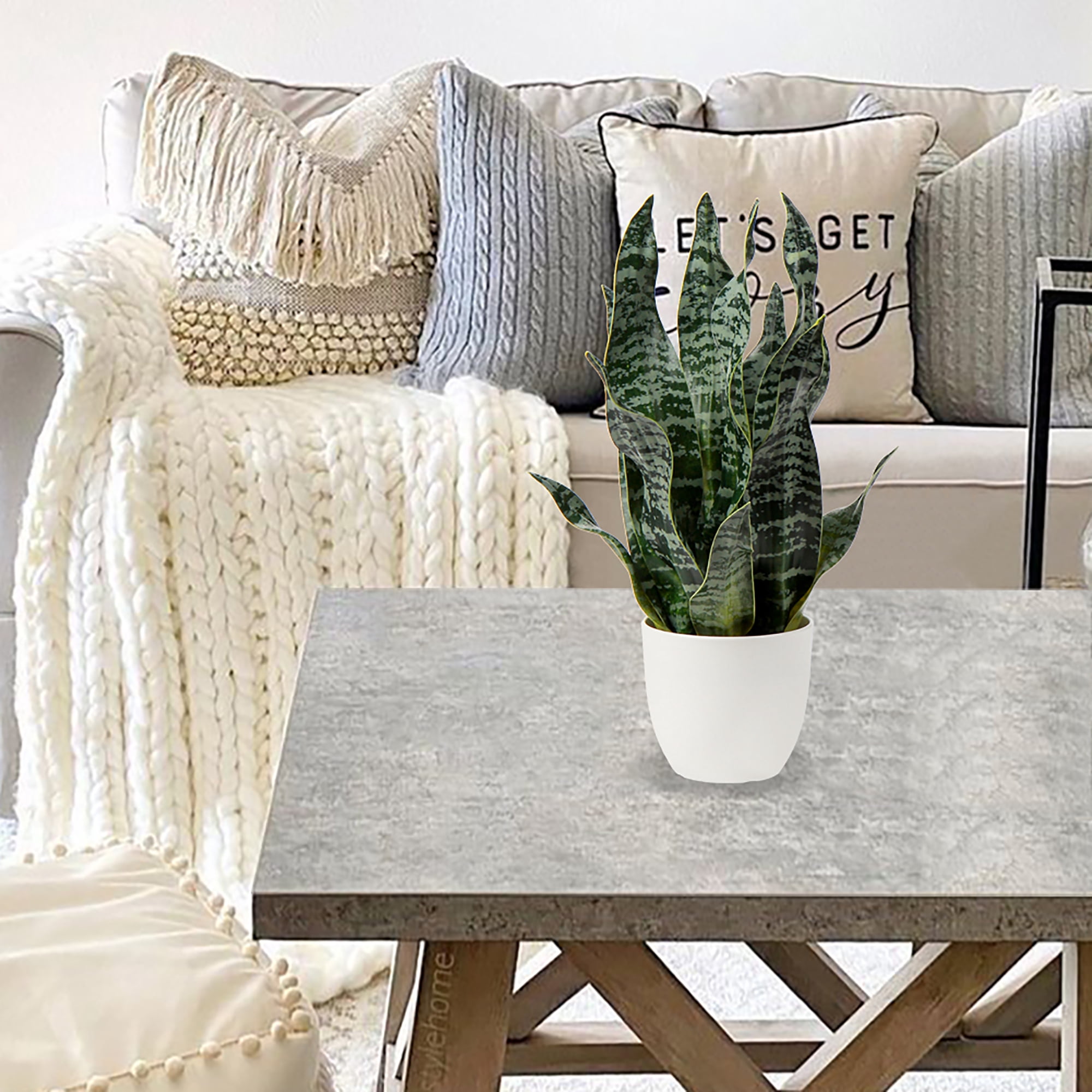 Artificial Snake Plant Potted Faux Sansevieria Trifasciata Plants 17" Tropical Outdoor Fake Plants in White Pots
