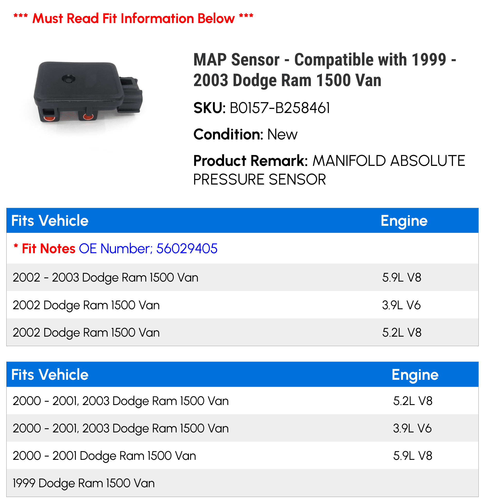 MAP Sensor - Compatible with 1999 - 2003 Dodge Ram 1500 Van 2000 2001 2002