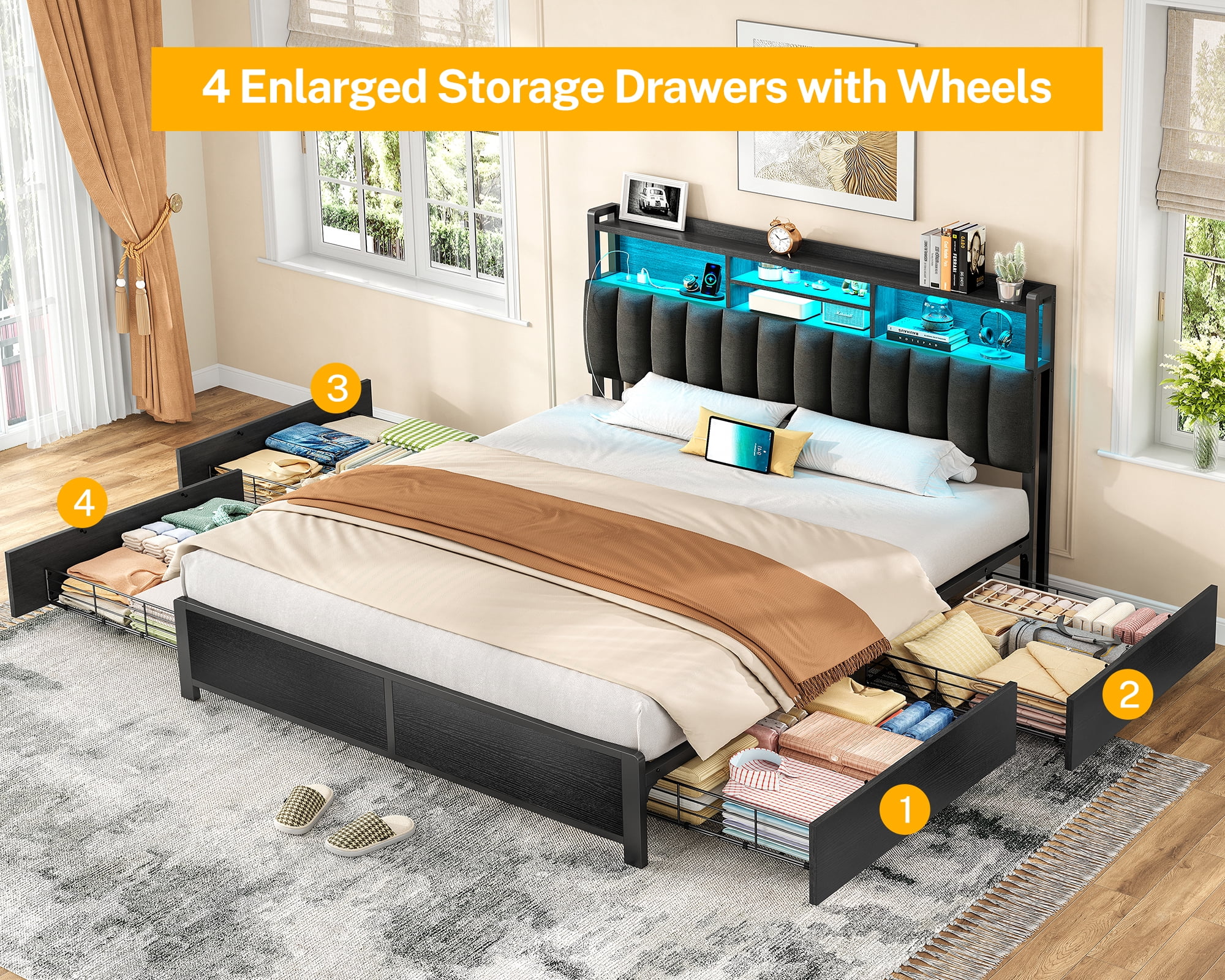 TEENFON Queen Bed Frame with Charging Station & LED Lights, Bed Frame Queen Size with 4 Storage Drawers, Upholstered Headboard with Shelves, Black, Noise Free