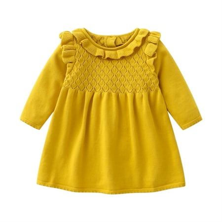 

Sweater Dress for Girls Long Sleeve Dress Knit Ruffled Dresses Spring Fall Winter Knitted Dress Size 0-2 T Yellow 9-12 Months