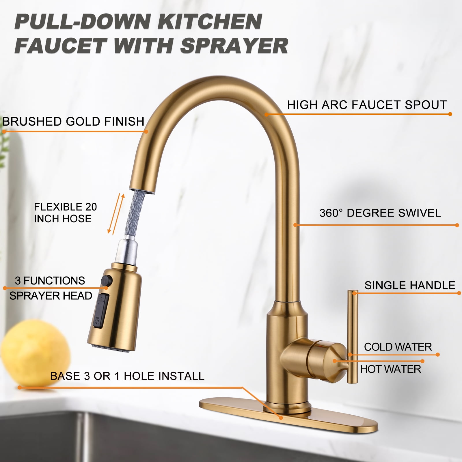 WOWOW Single Handle Kitchen Sink Faucet Brushed Gold Kitchen Faucet with Pull Down Sprayer