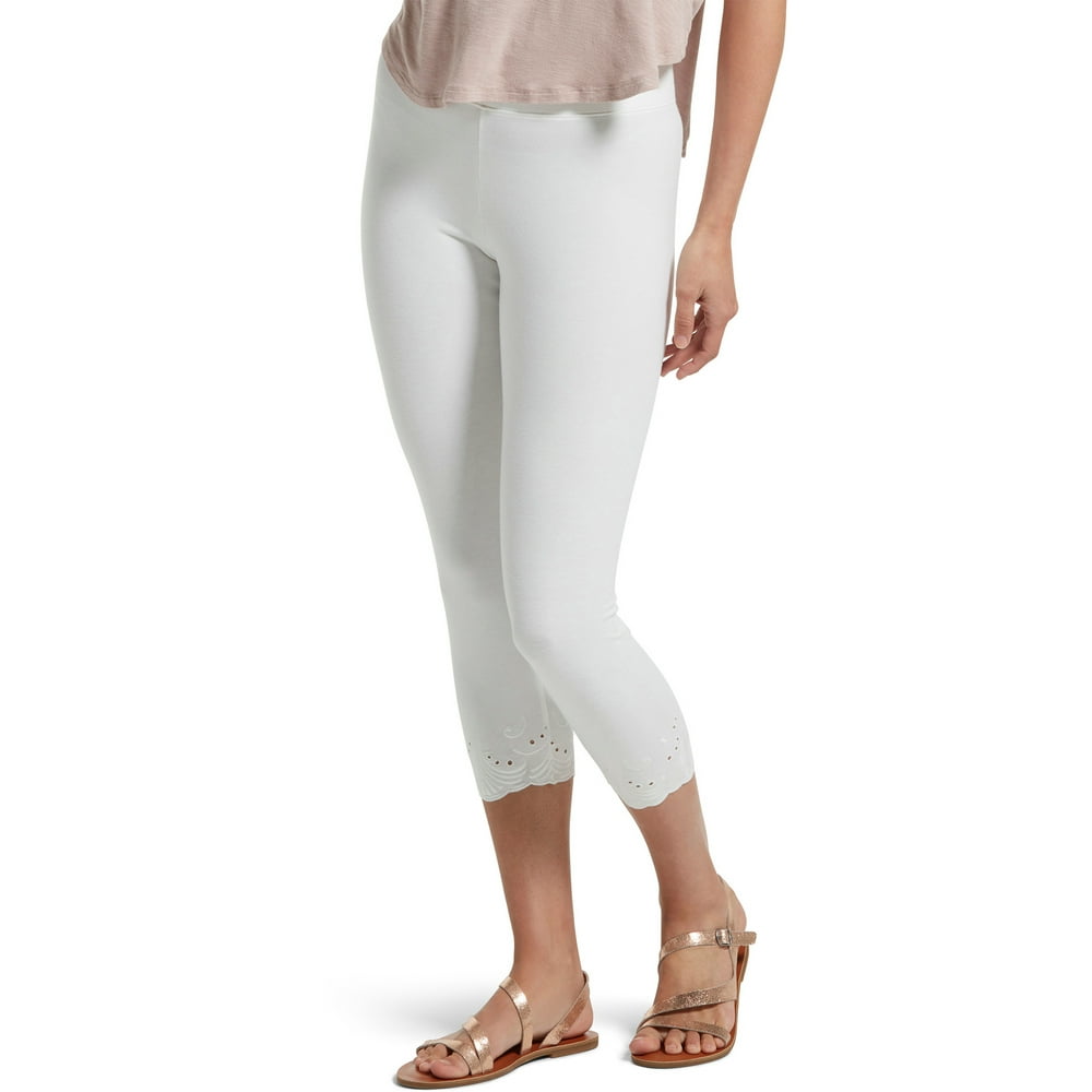 Hue HUE Womens Embroidered Eyelet Hem Cotton Capri Leggings Style
