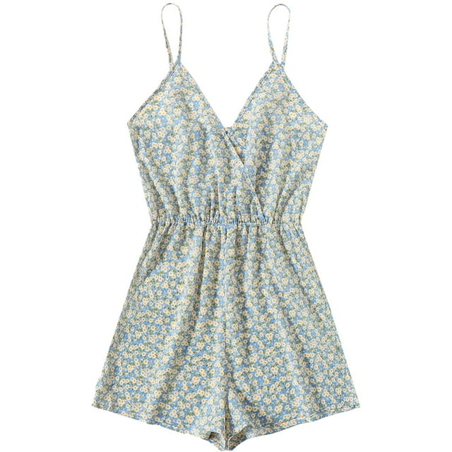 Women's Leopard Print Wrap Spaghetti Strap Romper Cami Jumpsuit