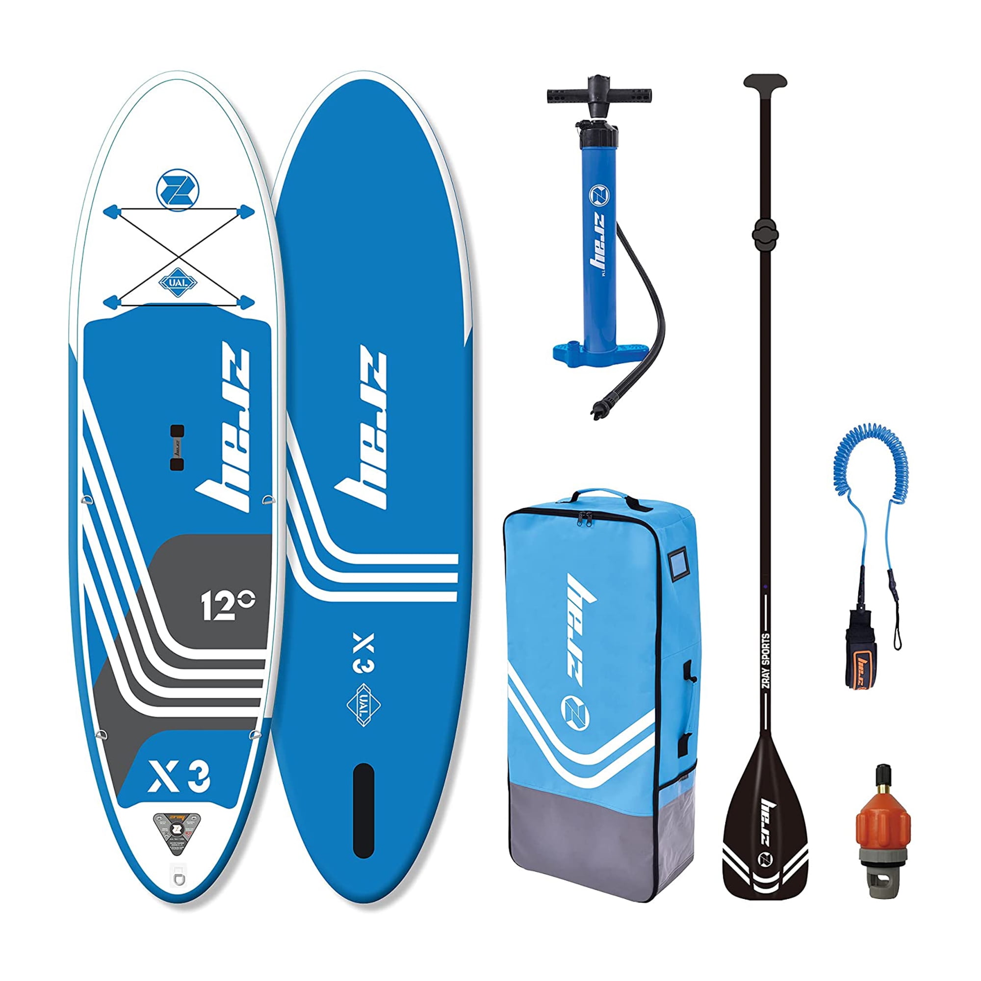 Zray 12 Foot X-Rider Epic X3 Inflatable SUP Paddle Board Kit, Blue