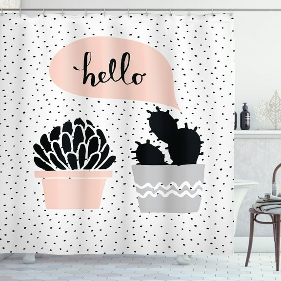 Ambesonne Cactus Shower Curtain, Hand Drawn Plants Hello, 69"Wx75"L, Blush Black Grey