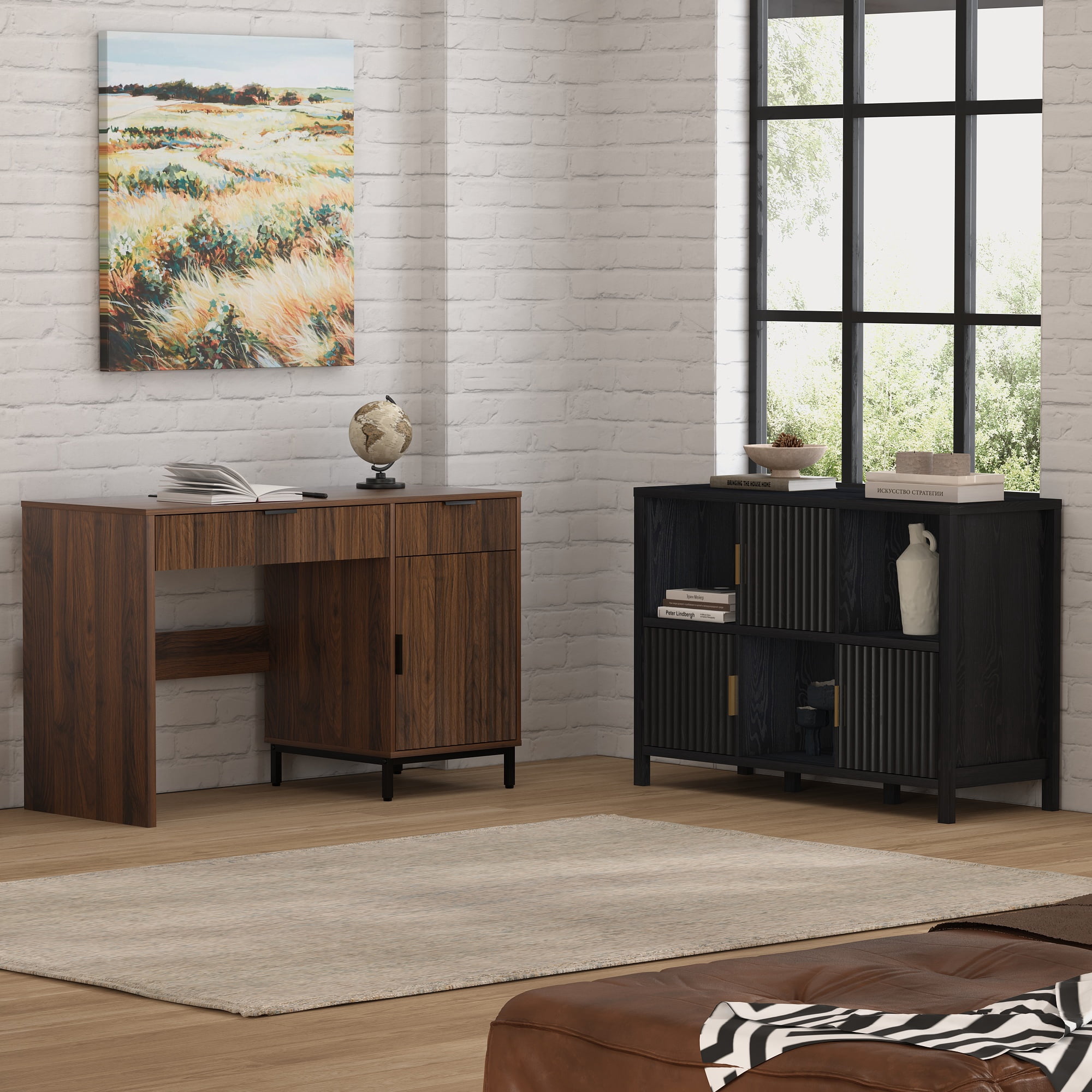 EYYTHUNG Fluted Storage Organizer Bookshelf, Modern Cube Bookcase with 3 Open Shelf and 3 Cabinets with Doors, Black