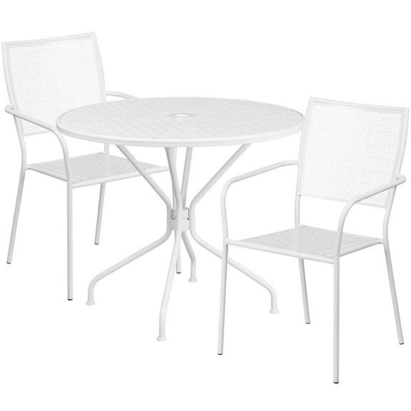 Flash Furniture Oia Commercial Grade 35.25" Round White Indoor-Outdoor Steel Patio Table Set with 2 Square Back Chairs