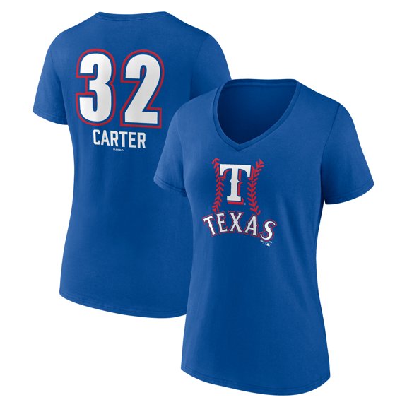 Women's Evan Carter Royal Texas Rangers Fastball Player Name & Number V-Neck T-Shirt