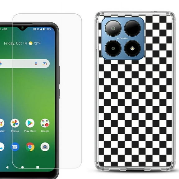 For Boost Mobile Summit 5G Shockproof Phone Case Cover with Tempered Glass Screen Protector, by OneToughShield - Checker B/W