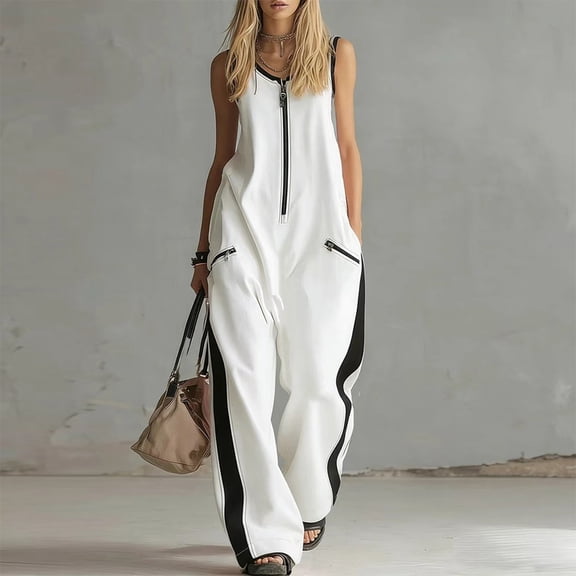 Morttic Women's Half Zip Contrast Trim Jumpsuit – Sleeveless Loose Wide Leg with Pockets, Casual Summer One Piece White,S