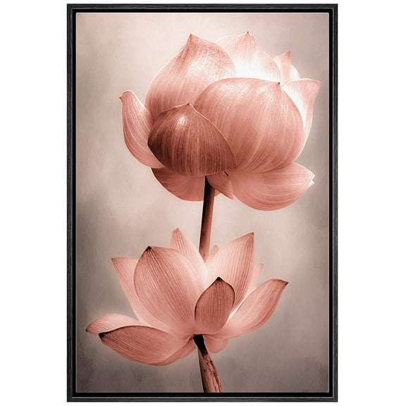 wall26 Framed Canvas Wall Art - Closeup of Lotus Flower - Gallery Wrap Modern Home Art | Ready to Hang - 16"x24" Black