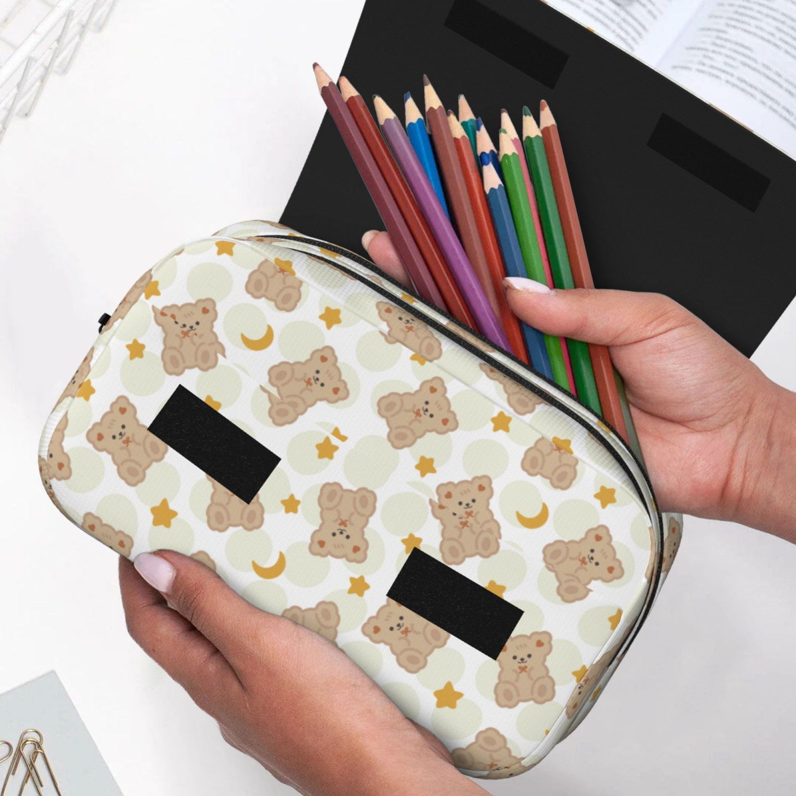 Rateoe Kawaii Bear Pattern Double Clamshell Pen Case, Storage Organizer with Two Zipper Compartments– Holds Up to 50 Pencils & Pens