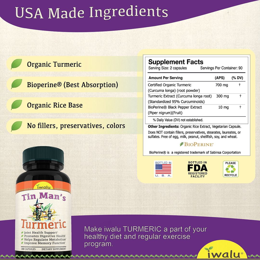 Tin Man's Turmeric | Fast Acting Joint Support Supplement - Glucosamine Chondroitin Supplements MSM Complex - with Boswellia, Quercetin for Joints, Bones, Knees & Mobility - Iwalu USA - 180 Capsules