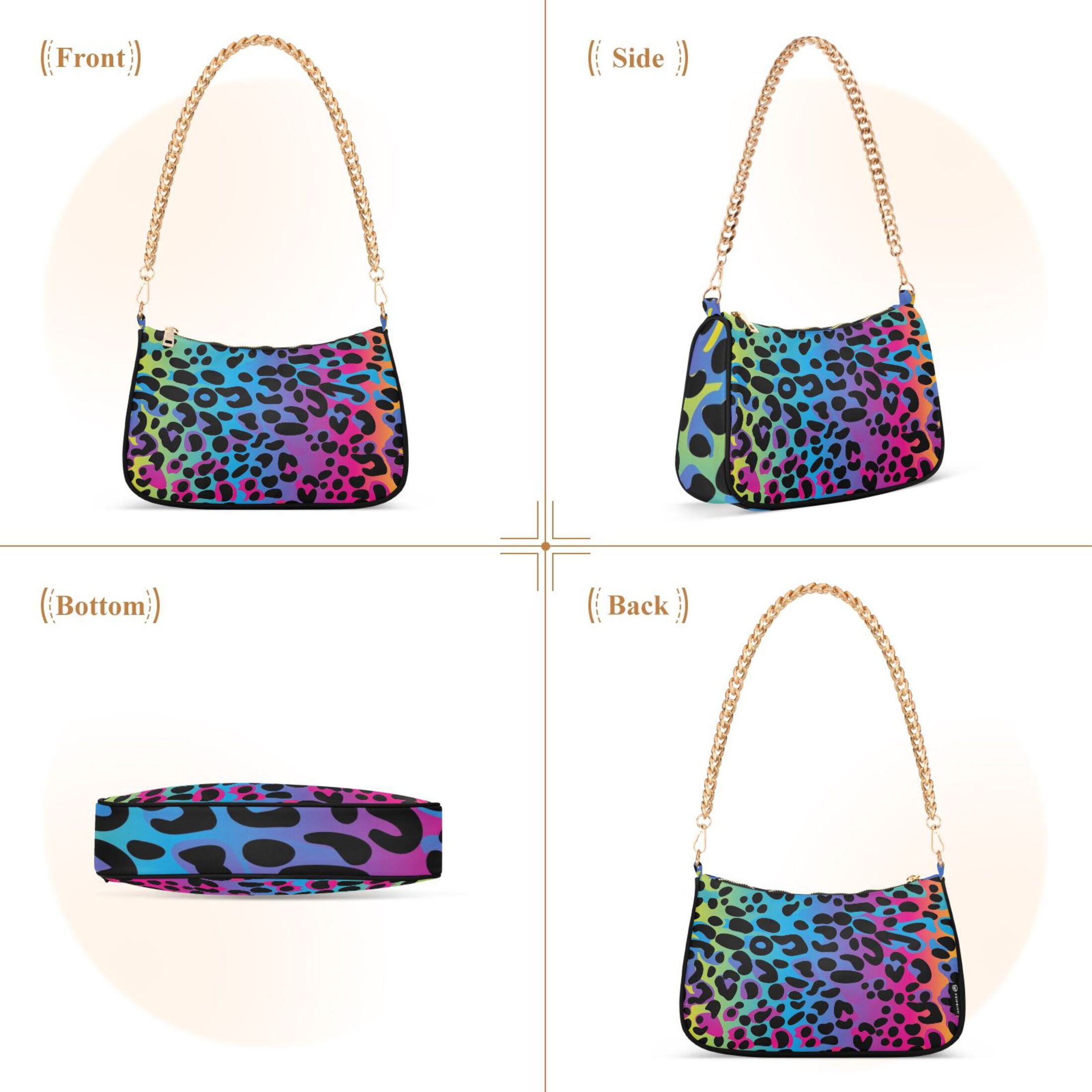 Rainbow Leopard Print Neon Womens Chain Shoulder Bag Tote Handbag Clutch Hobo Purse with Zipper for Travel Casual