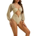 thumbnail image 4 of Bikini de una pieza con escote en V, mangas largas, control de abdomen y malla, color caqui, talla X-Large, 4 of 5