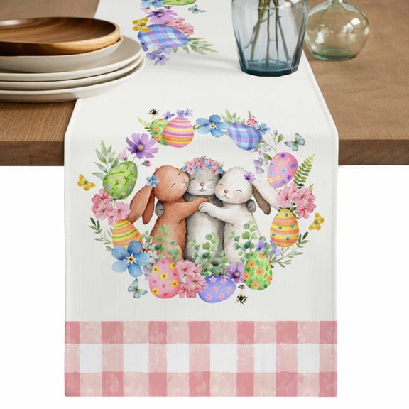 Table Runner 70 Inches Long for Kitchen Dining, Easter Bunny Dresser Scarf Farmhouse, Dining Table Decorations for Wedding/Parties, Colorful Eggs Cute Rabbits Flowers Pink Plaid 13 x 70 In