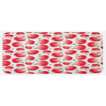 Fruits Kitchen Mat, Hand Painted Watercolor Art Style Apples with Green Leaves Harvest Season, Plush Decorative Kitchen Mat with Non Slip Backing, 47" X 19", Dark Coral Green White, by Ambesonne
