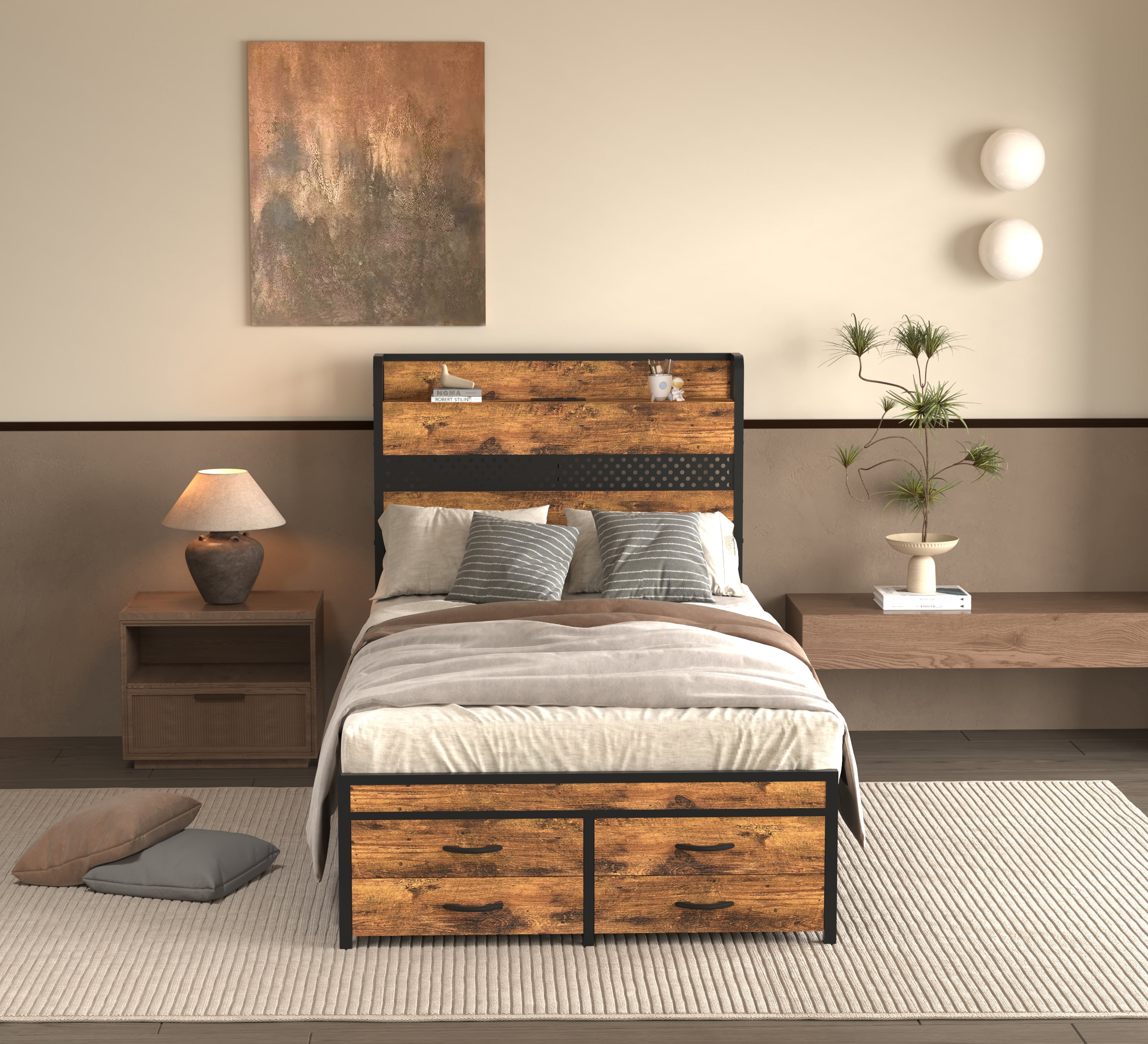 Yoneston Twin Size Kids RGB LED Platform Bed Frames with Storage Headboard, USB Charging Station and 4 Footboard Drawers for Teens Child, Brown