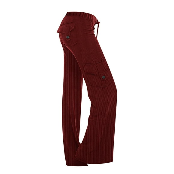 Fartey Womens Solid Color Knit Ribbed Cargo Pants Drawstring High Waist Multiple Pockets with Button Casual Workout Wide Leg Pants,Wine,S-2XL