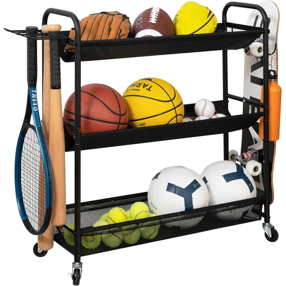 Basketball Rack 3-Shelf Training Stand Ball Holder Sports Ball Cart Garage Organizer Ball Basket Storage, Ball Rack for Garage or Gym, Indoor & Outdoor Sports Equipment Organizer