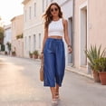 thumbnail image 6 of Capris for Women with Pockets Petite Pants Drawstring Casual Pull on Palazzo Trousers with Pockets Loose High Waisted Wide Leg Lounge Pants Blue S, 6 of 9