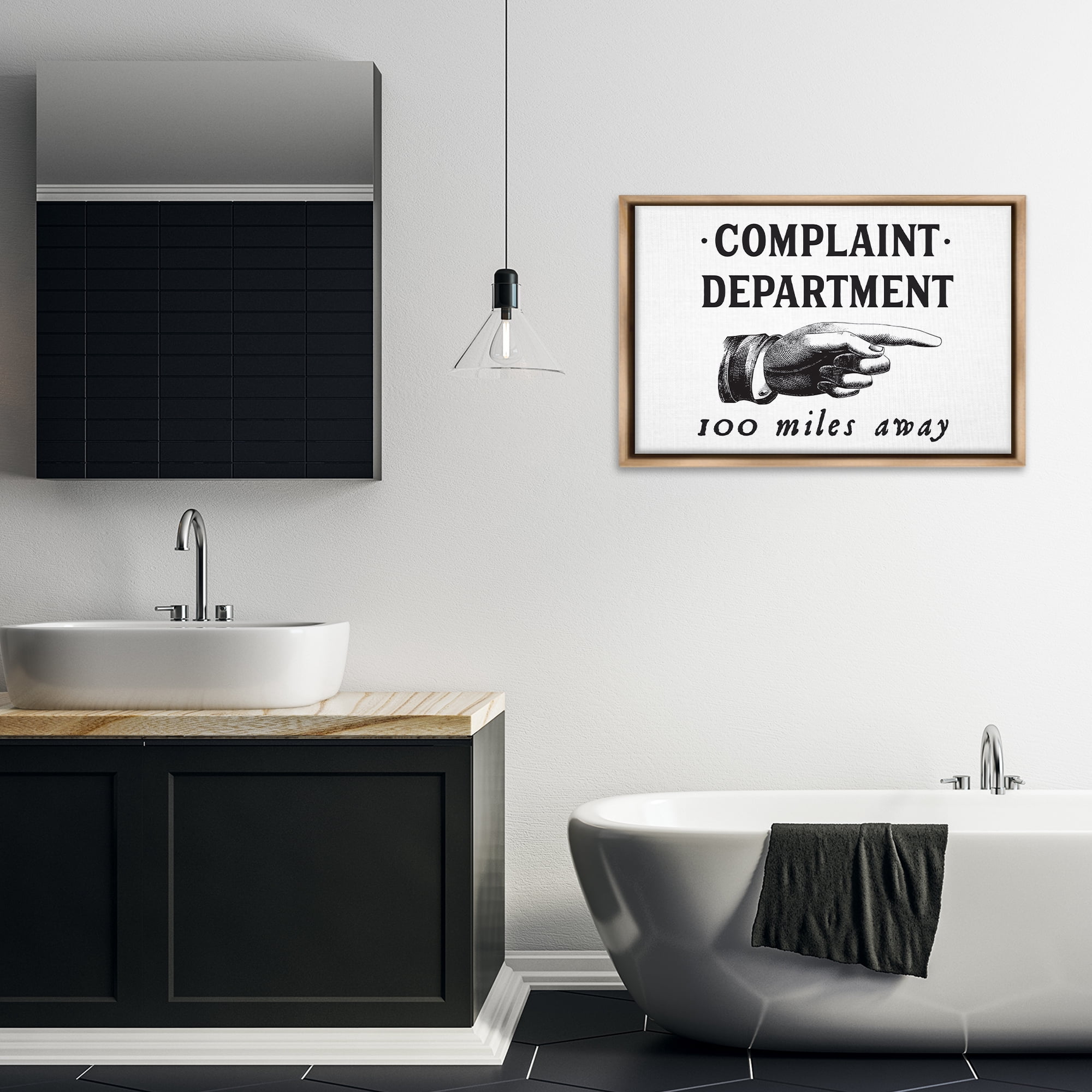 Stupell Industries Complaint Department Pointing Typography Painting Brown Floater Framed Canvas Art Print Wall Art, 31 x 21