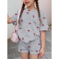 thumbnail image 4 of CCRFTGI Summer Outfits for Kids Girls Size 10-12 2 Piece Outfits Cute Preppy Clothing Sets Casual Cherry Print Short Sleeve T Shirts Top and Shorts Sport Activewear Gray 9-10 Years, 4 of 8