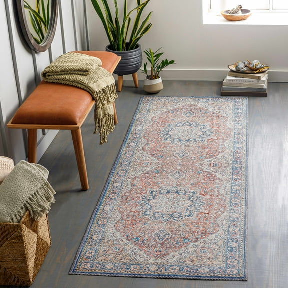 Hauteloom Wacousta Machine Washable Hallway Kitchen Runner Rug - Oriental Traditional Medallion - Bohemian Vintage Distressed Long Carpet - Brick Red, Blue, Yellow - 2'7" x 10'