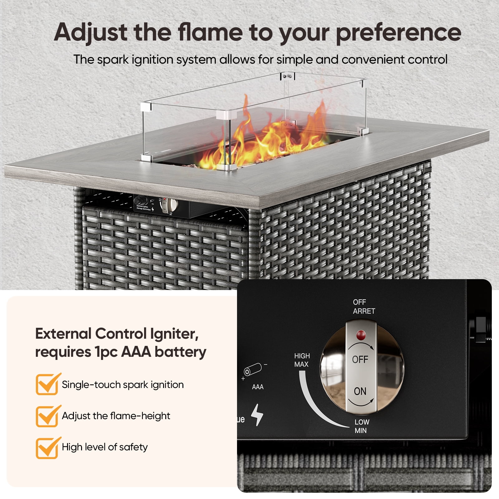 Gymojoy Gray 41 in. 50000 BTU Rectangular Wicker and Metal Propane Outdoor Dining Fire Pit Table with Glass Wind Guard Lid,Lava Rocks