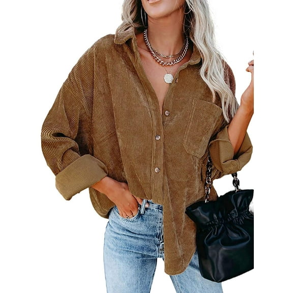 Womens Corduroy Button Down Shirts Shacket Boyfriend Long Sleeve Oversized Blouses Tops Casual Collared Jacket,Brown,Medium,