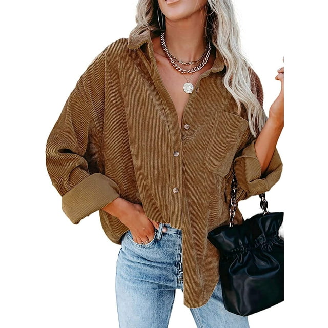 Womens Corduroy Button Down Shirts Shacket Boyfriend Long Sleeve Oversized Blouses Tops Casual Collared Jacket