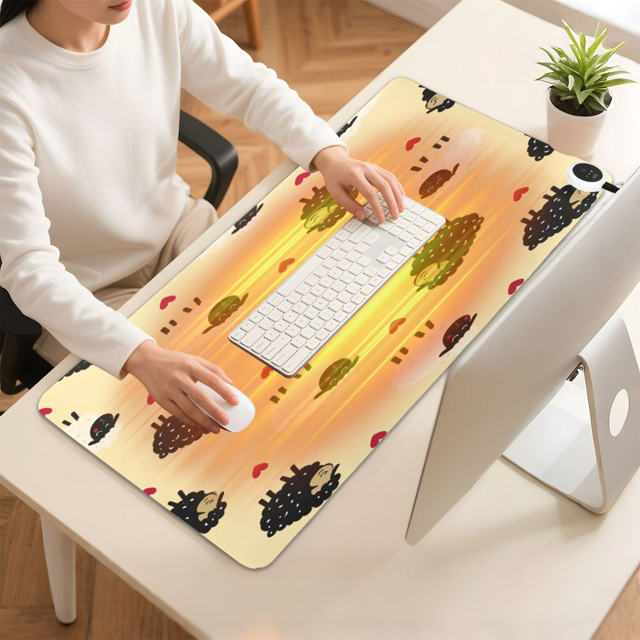 Large Heated Desk Mat Mouse Pad 31.5"x13"PU Leather Graphene Heating Desk Warmer with 3 Temperature Settings 110V US Plug Non-Slip Warm Pad for Home, Office, and Gaming Cute Sheep Heart Pattern