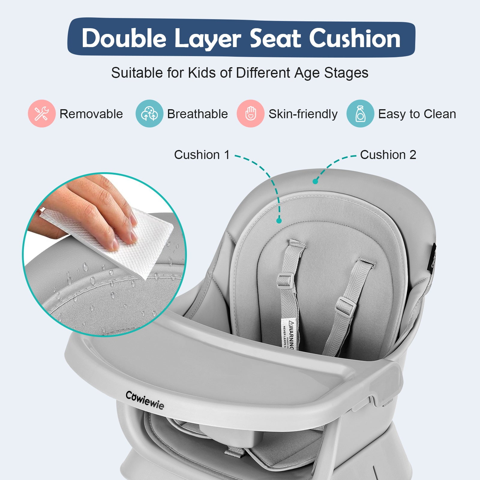 Cowiewie 8 in 1 Baby High Chair for Babies, Toddler Dining Booster Seat, BPA Free PP Material, Grey
