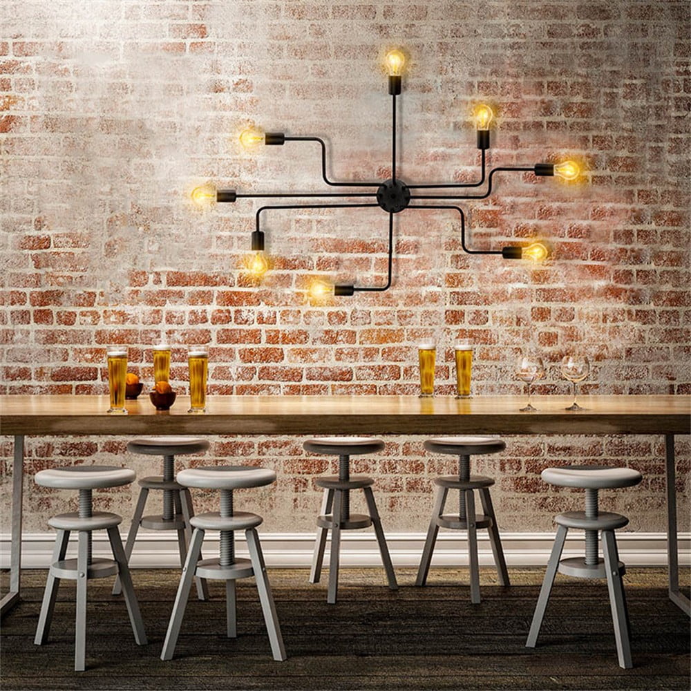 Litfad Black Sputnik Ceiling Light Fixture Industrial Edison Bulb Wrought Iron 8 Light Semi Flush Mount Light for Dining Kitchen