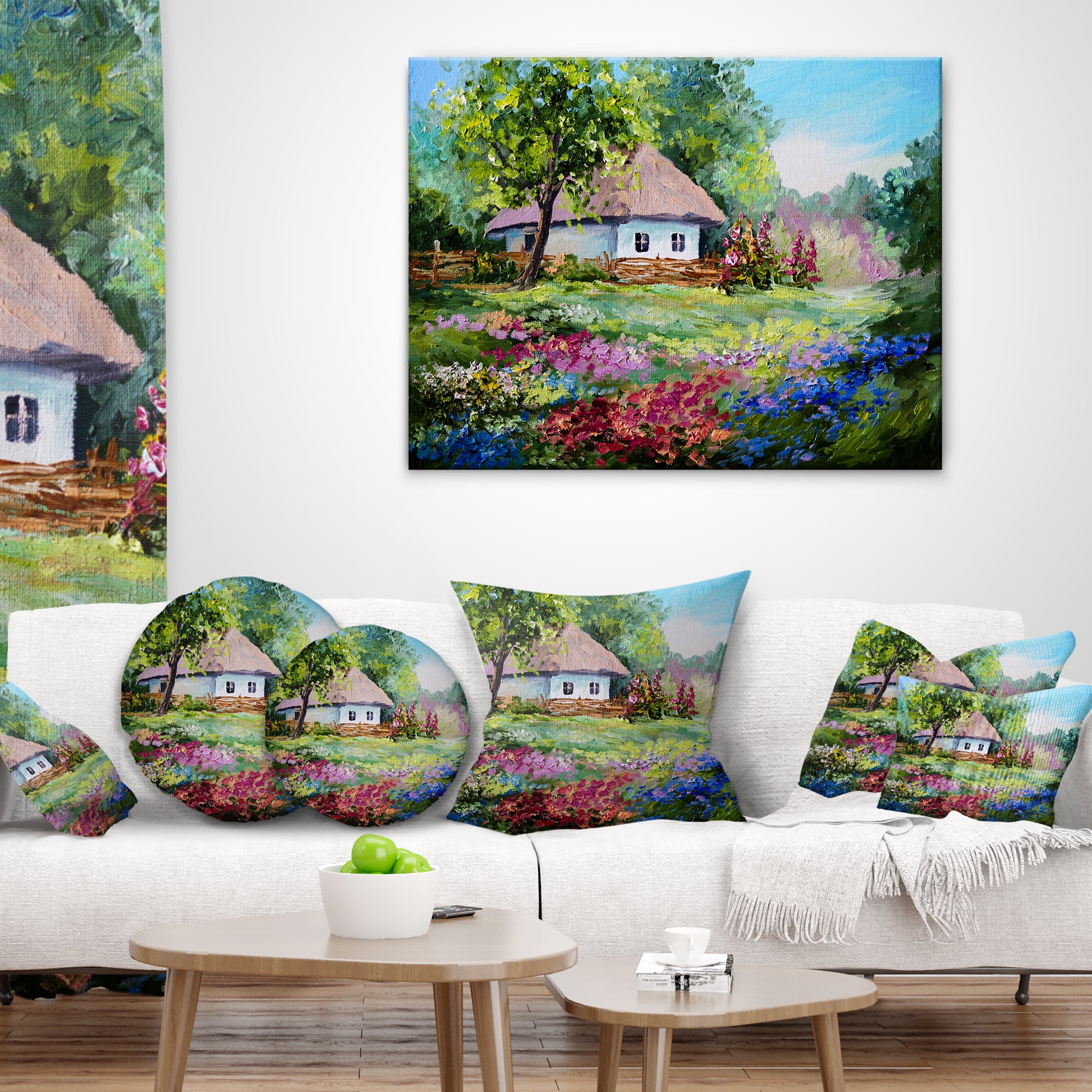 Designart House in the Village Oil Painting - Landscape Printed Throw Pillow - 12x20