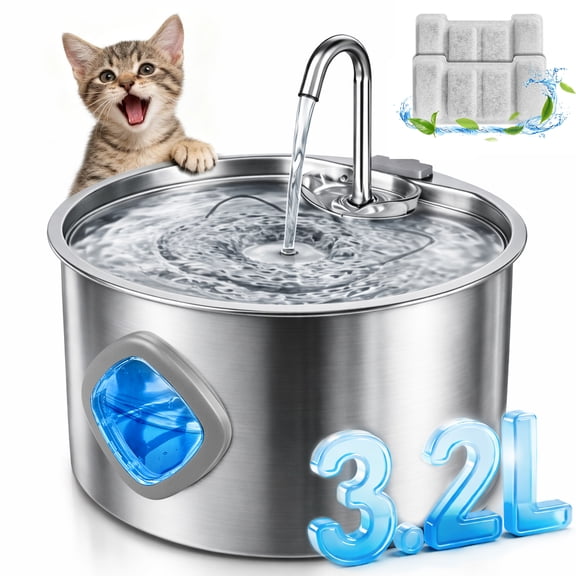 NIGHTEEN 3.2L Cat Water Fountain Stainless Steel, Automatic Pet Water Dispenser for Cats Dogs with Replacement Filters