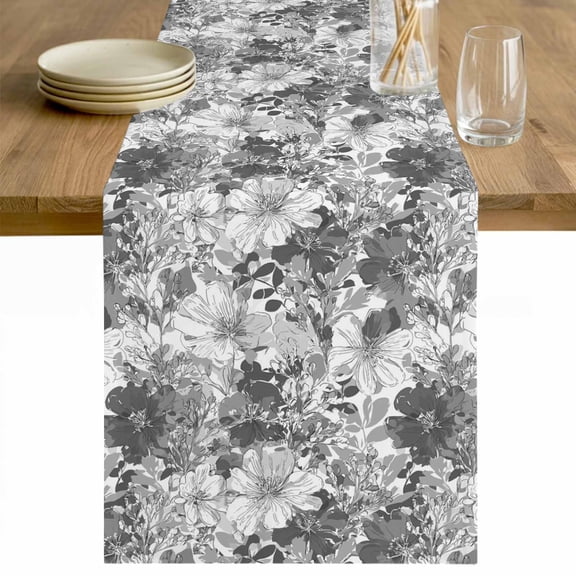 Spring Floral Table Runner - 60 Inch Long Retro Country Flowers Leaves Botanical Gray Cotton and Linen Blended Dress Scarves Farmhouse Table Runner for Kitchen Dining, Coffee Table, 13" x 60"
