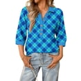 thumbnail image 2 of Garbnen Womens Shirts 3/4 Sleeve Fashion Plaid Color Block Women's Henley Tops Spring Summer Three Quarter Length Sleeve Button Women Blouses, 2 of 4