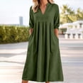 thumbnail image 2 of vigerkar Womens Cotton Linen Maxi Dress V Neck 3/4 Sleeve Pockets Flowy Boho Casual Summer Dress for Vacation & Daily (AG, M), 2 of 5