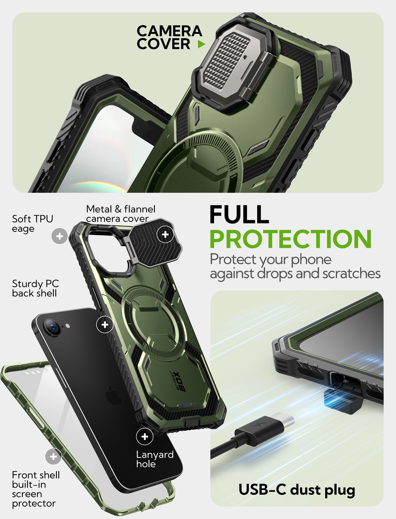 i-Blason for iPhone 17e/16e 6.1" Case with Camera Cover Stand [Built-in Screen Protector] [Wireless Charging Compatible] Full-Body Heavy Duty Military-Grade Protection Magnetic Phone Case, Guldan