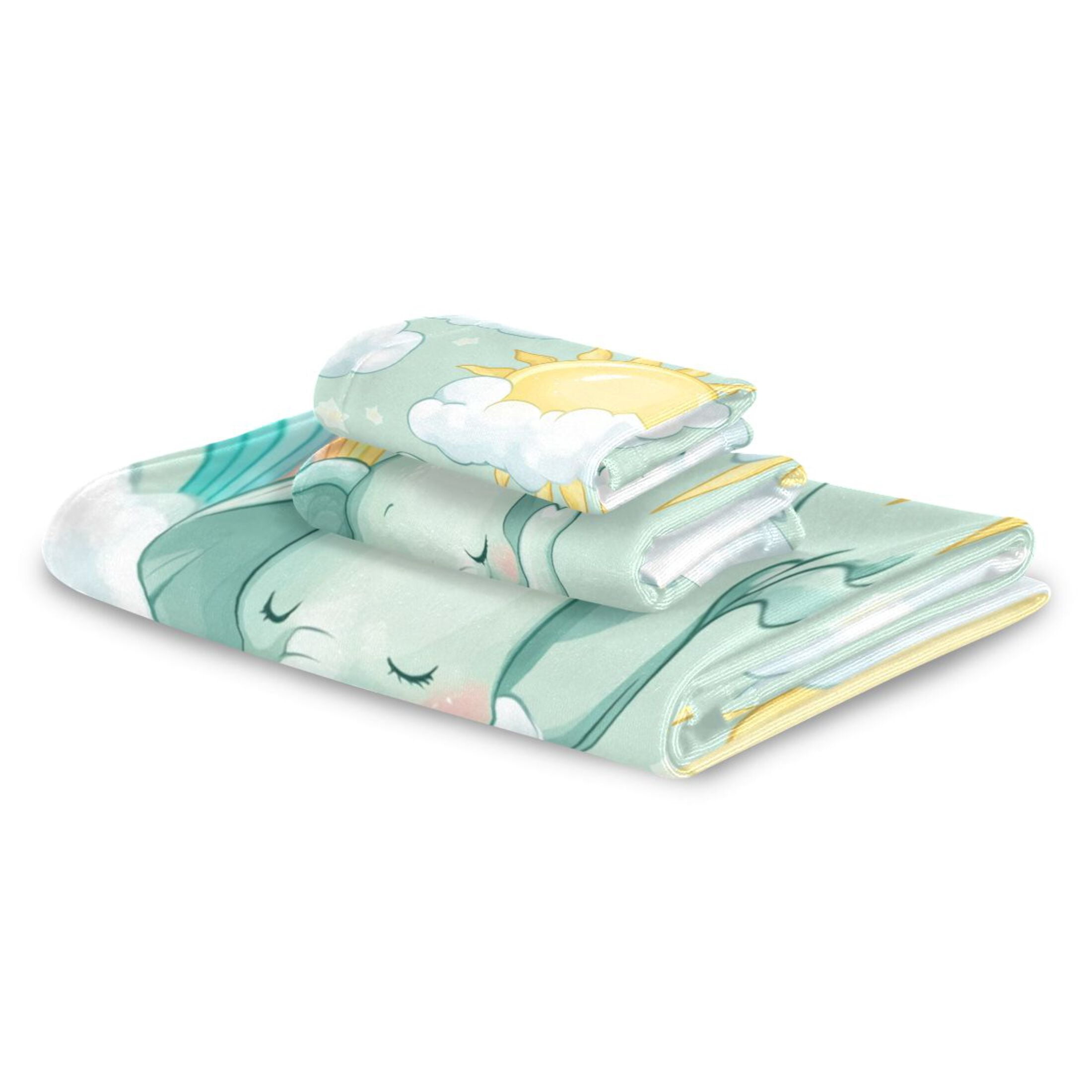 WOBOGO Illustration Of Cartoon Sleeping Baby Elephants Ultra Soft 3 Pack Cotton Towel Set for Everyday Use Lightweight and Compact