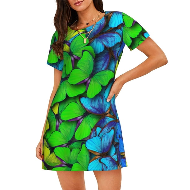 Balery Multicolored Butterflies Camisón de manga corta con cuello redondo para mujer, cómodo y elegante.