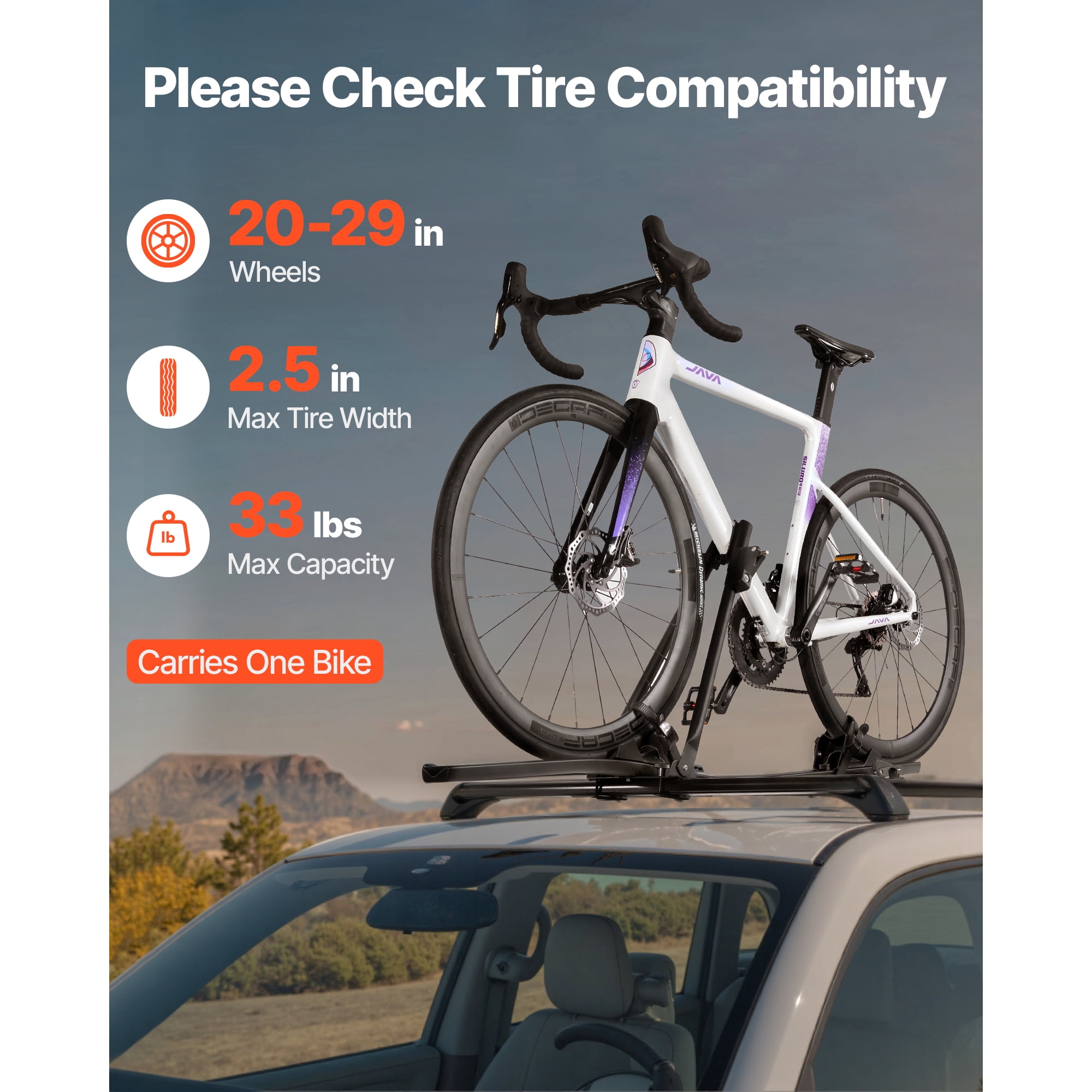 KFFKFF Roof Bike Rack, 33 lbs Load Capacity, Aluminum Upright Bicycle Carrier with Locking System for Standard Crossbars, Rooftop Bike Holder for Cars and SUVs, Black