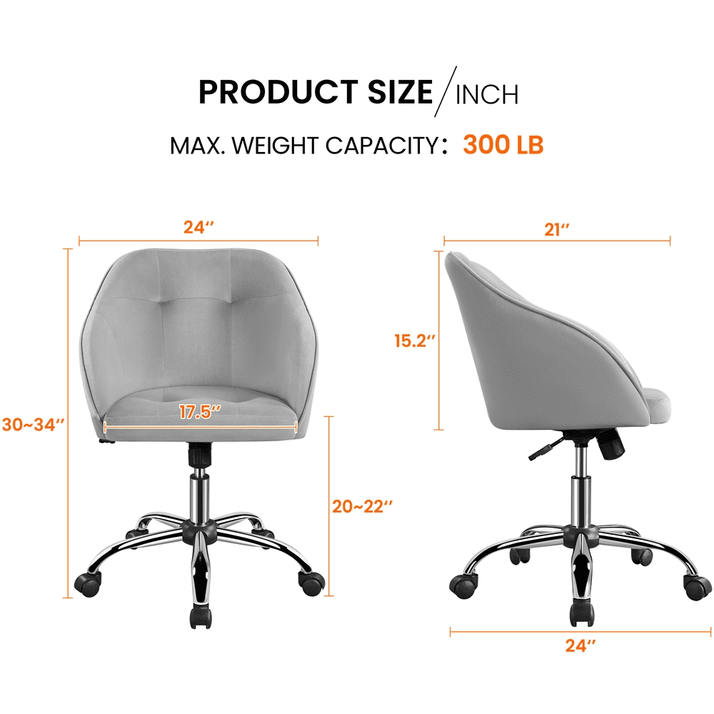 Alden Design Adjustable Swivel Velvet Desk Chair for Home Office, Light Gray