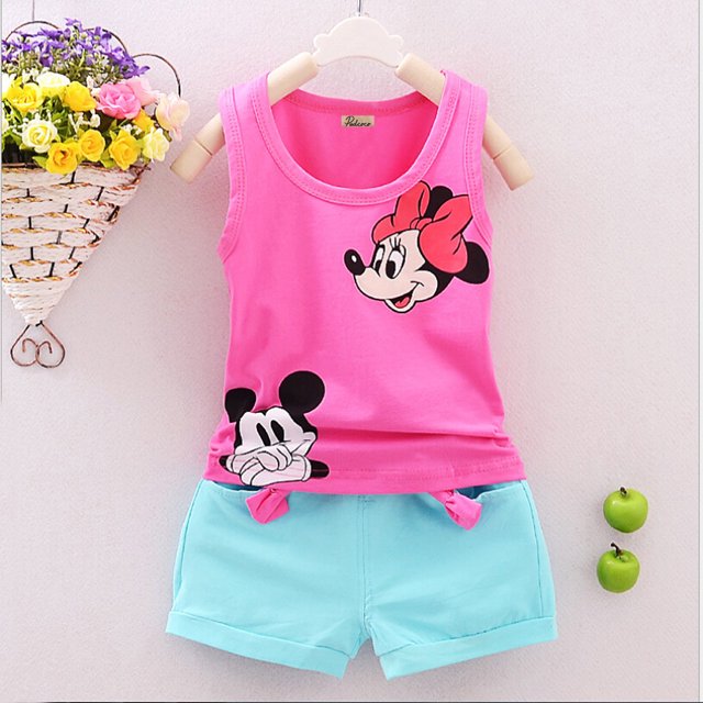 Mialoley Baby Girl Summer Sleeveless Cartoon Mickey Print Vest + Shorts