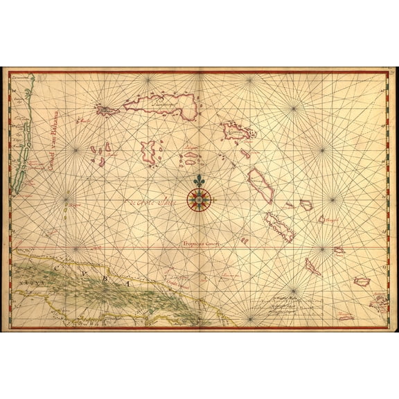 24"x36" Gallery Poster, Map of bahamas and cuba 1650