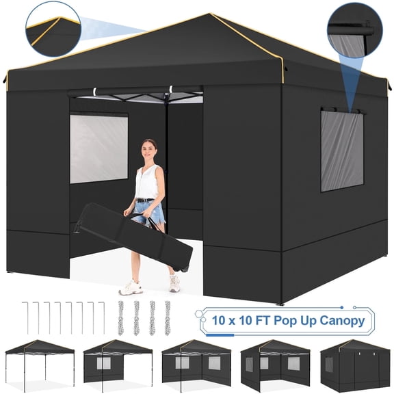HOTEEL Pop up 10x10 Canopy Tent,Outdoor Patio Gazebo Tent with Carry Bag,Easy Up Canopy with 4 Removable Sidewalls,UPF 50 ,Black