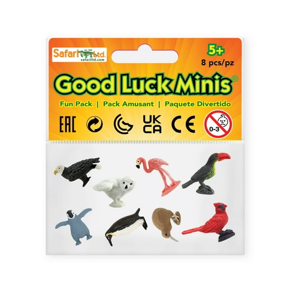Safari Ltd. Good Luck Minis Birds Fun Pack – 8 Mini Figurines: Snowy Owl, Bald Eagle, Flamingo, Cardinal, Emperor Penguin, Chick, Kiwi, Toucan – Educational Toy Figures for Boys, Girls & Kids Ages 5 